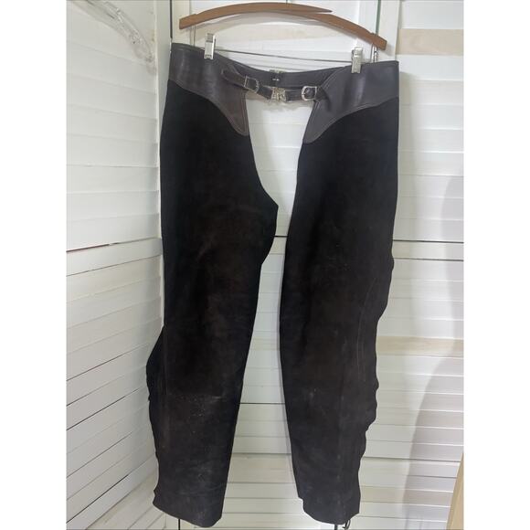 The Saddle Shop Leather Chaps Brown Unisex Motorcycle Horse Riding Biker Sz LRG - Picture 1 of 13